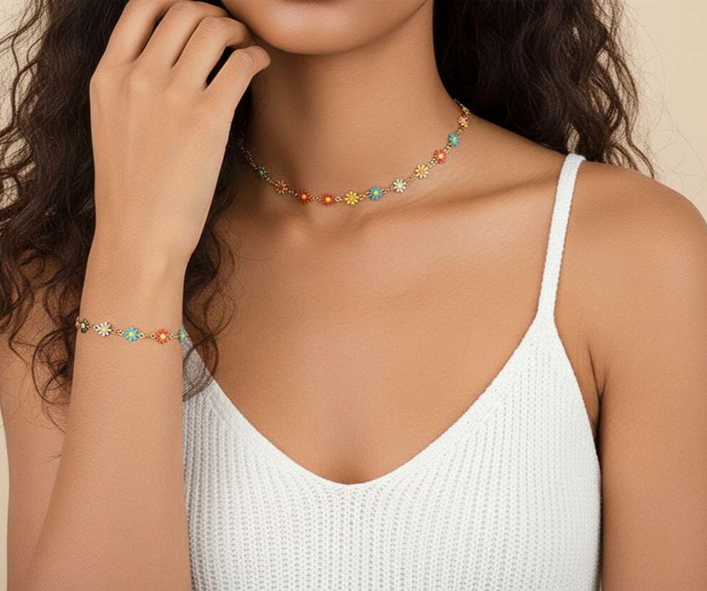 Set de joyas collar ajustable de cuentas flores bohemia y pulsera a juego acero inoxidable oro 18K Waterproof