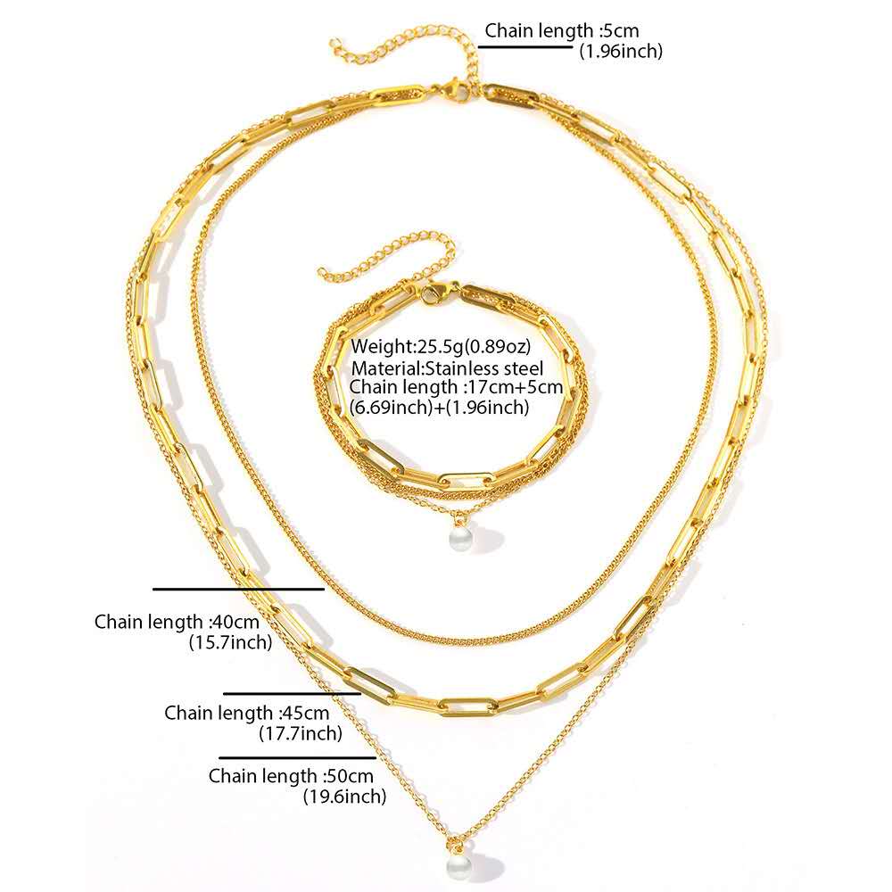 Set de joyas collar de triple cadena con colgante perla y pulsera a juego acero inoxidable oro 18K waterproof tarnish-free