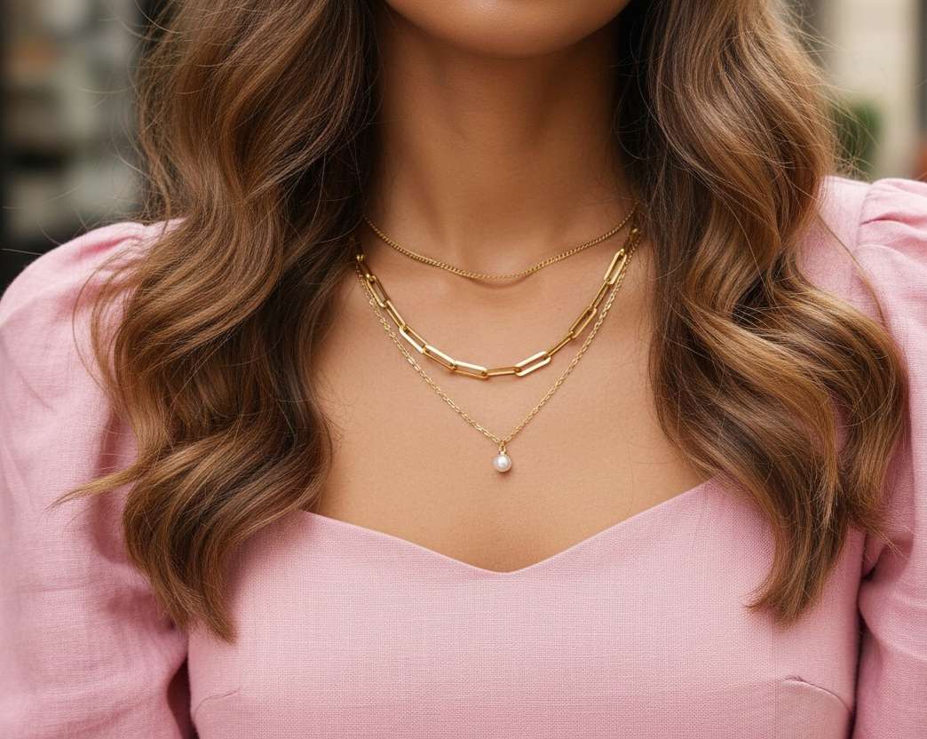 Set de joyas collar de triple cadena con colgante perla y pulsera a juego acero inoxidable oro 18K waterproof tarnish-free