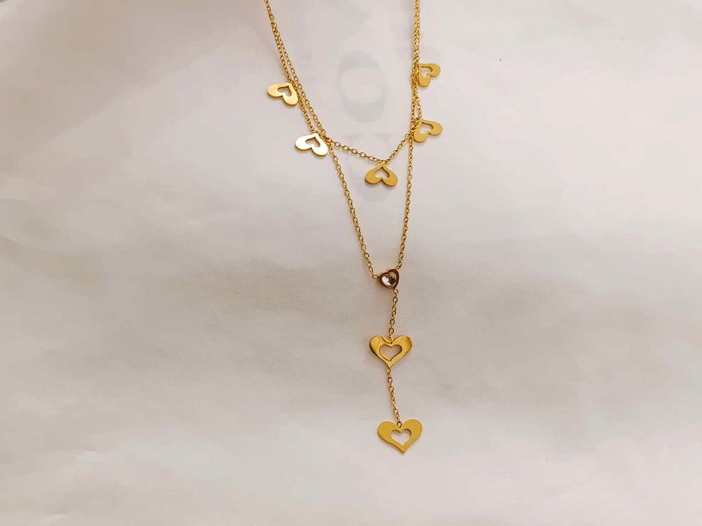 Collar ajustable con doble cadena en Y con colgantes corazones y circonita acero inoxidable oro 18K PVD waterproof