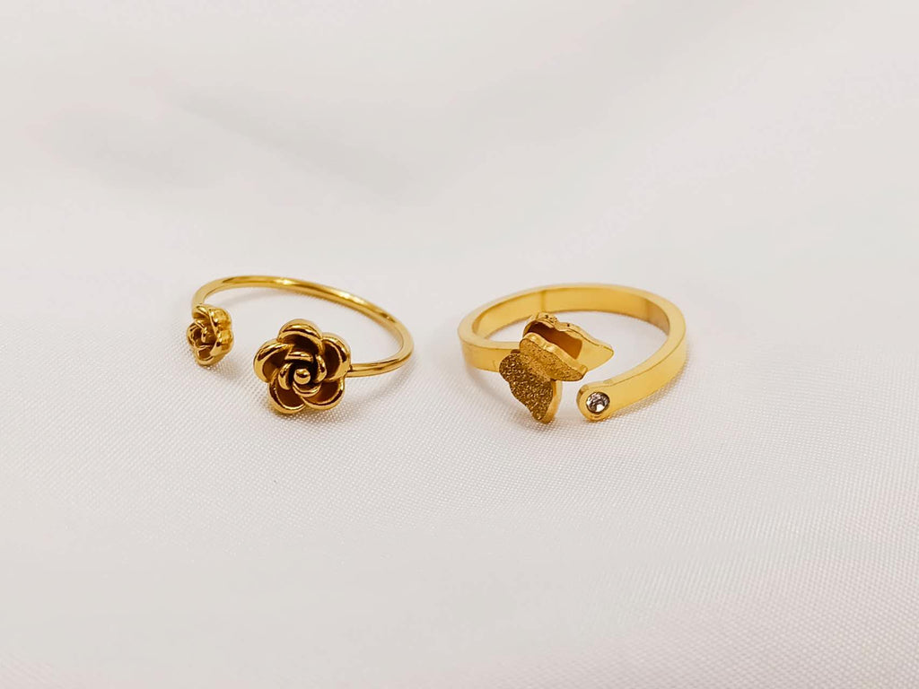 Anillo ajustable abierto mariposa y flor rosal de acero inoxidable oro 18K waterproof