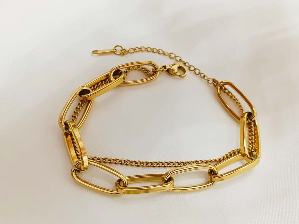 Pulsera ajustable ancha doble cadena de clip acero oro 18K PVD waterproof