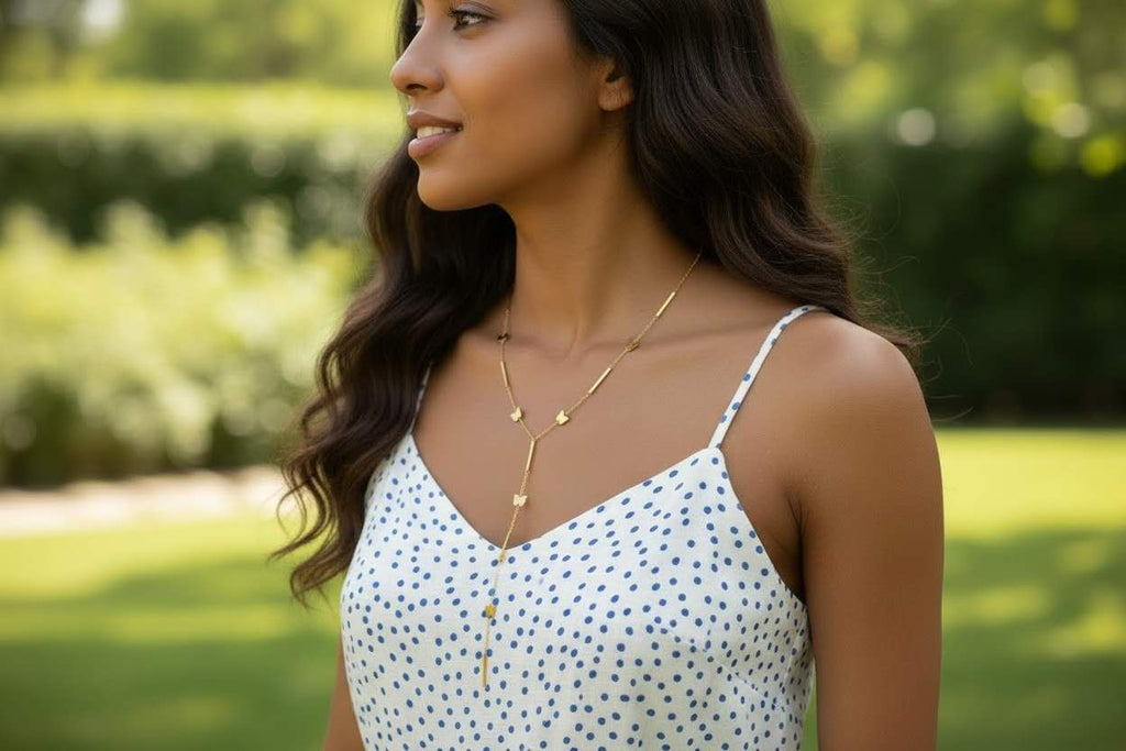 Collar en Y con extensor de cuentas mariposas y barras, estrellas de acero inoxidable oro 18K PVD Waterproof