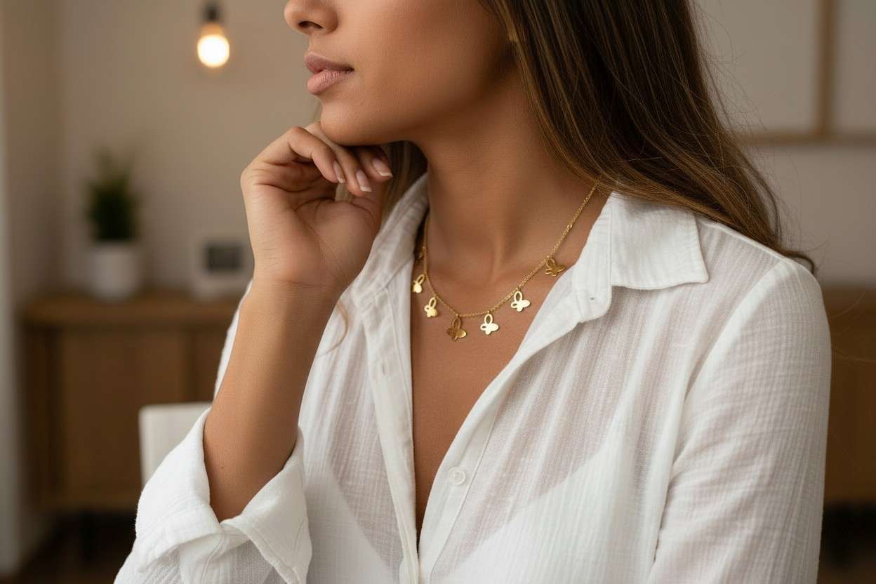 Collar cuentas mariposas acero inoxidable baño de oro 18K