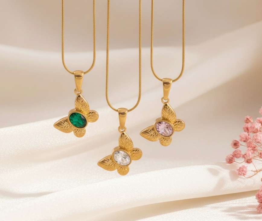 Collar ajustable cadena serpiente mariposa verde rosa acero inoxidable oro 18K PVD waterproof