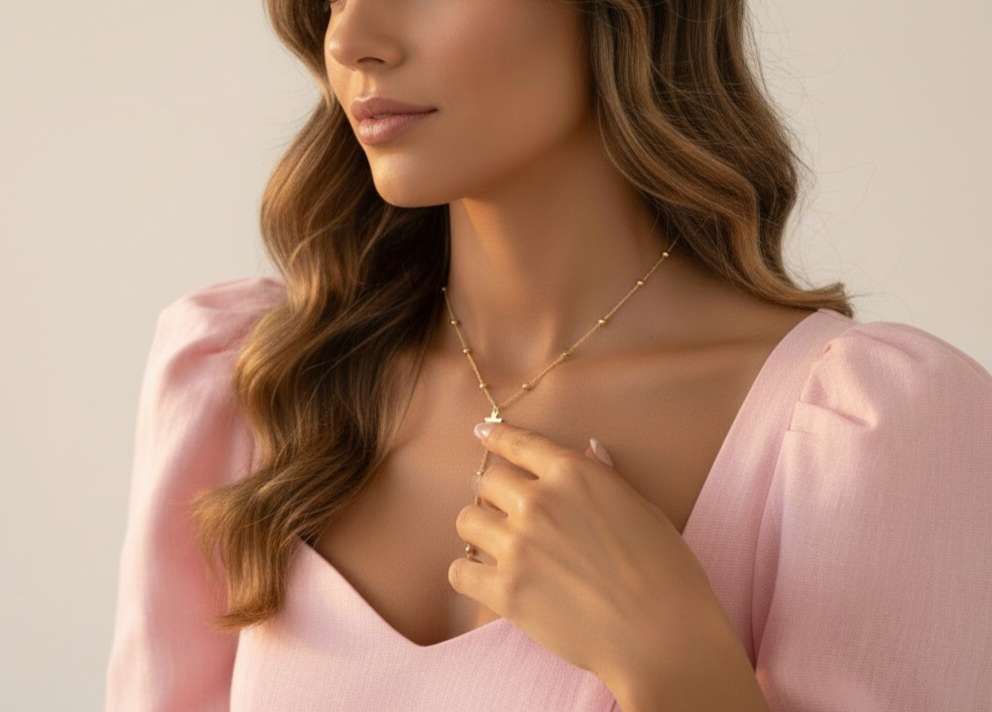 Collar de cuentas bolitas en Y con colgante cruz y circonita de acero inoxidable oro 18K Waterproof
