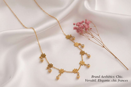 Collar ajustable de cuentas flores y circonitas de acero inoxidable oro 18K waterproof tarnish-free