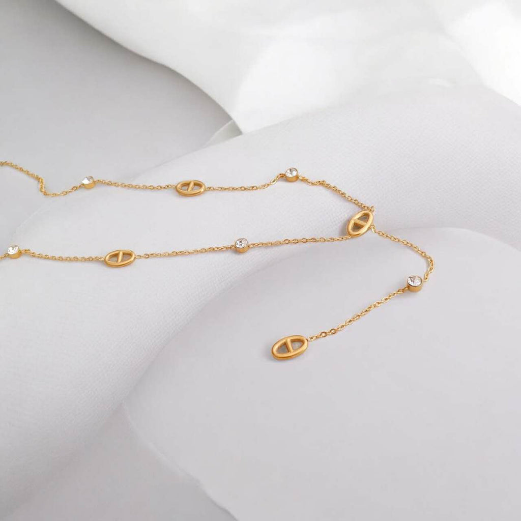 Collar extensor acero con Dijes de estilo marino intercalado y circonita oro 18K PVD Waterproof