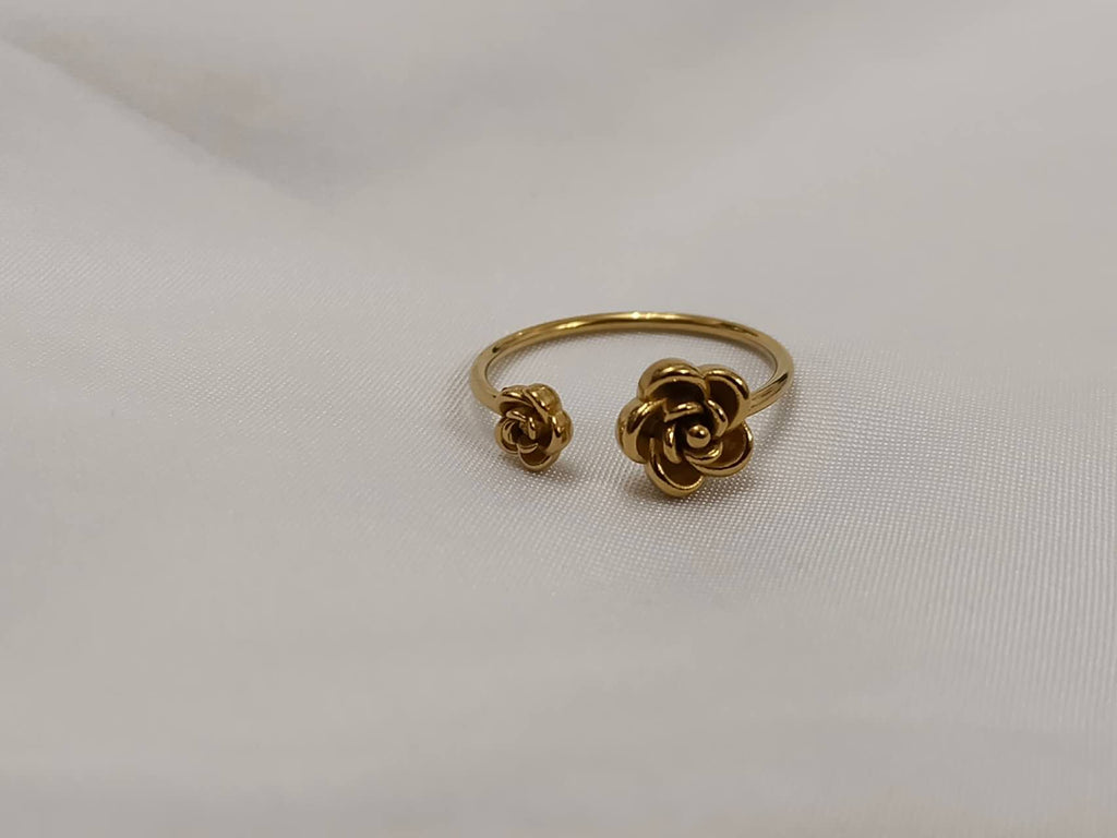 Anillo ajustable abierto mariposa y flor rosal de acero inoxidable oro 18K waterproof