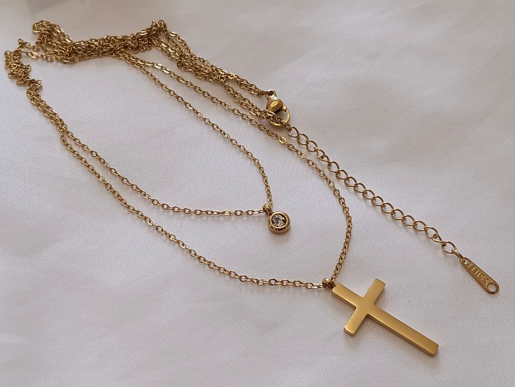 Collar con extensor doble cadena minimalista con colgante cruz y circonita acero inoxidable oro 18K Waterproof