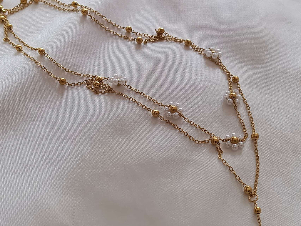 Collar ajustable con doble cadena en Y con cuentas de flores y bolitas acero inoxidable oro 18K waterproof tarnish-free