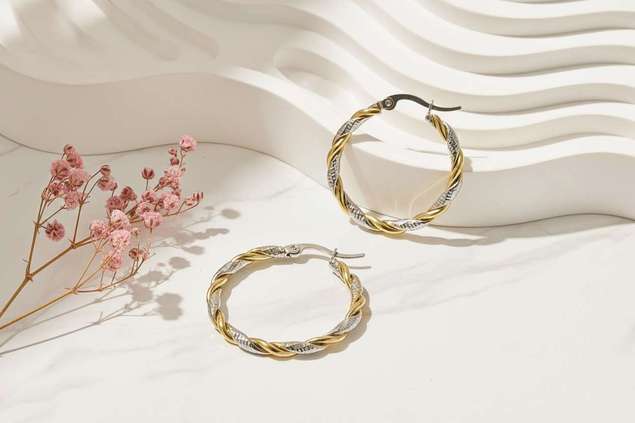 Pendientes de aro bicolor trenzado italiano acero inoxidable oro 18K waterproof tarnish-free