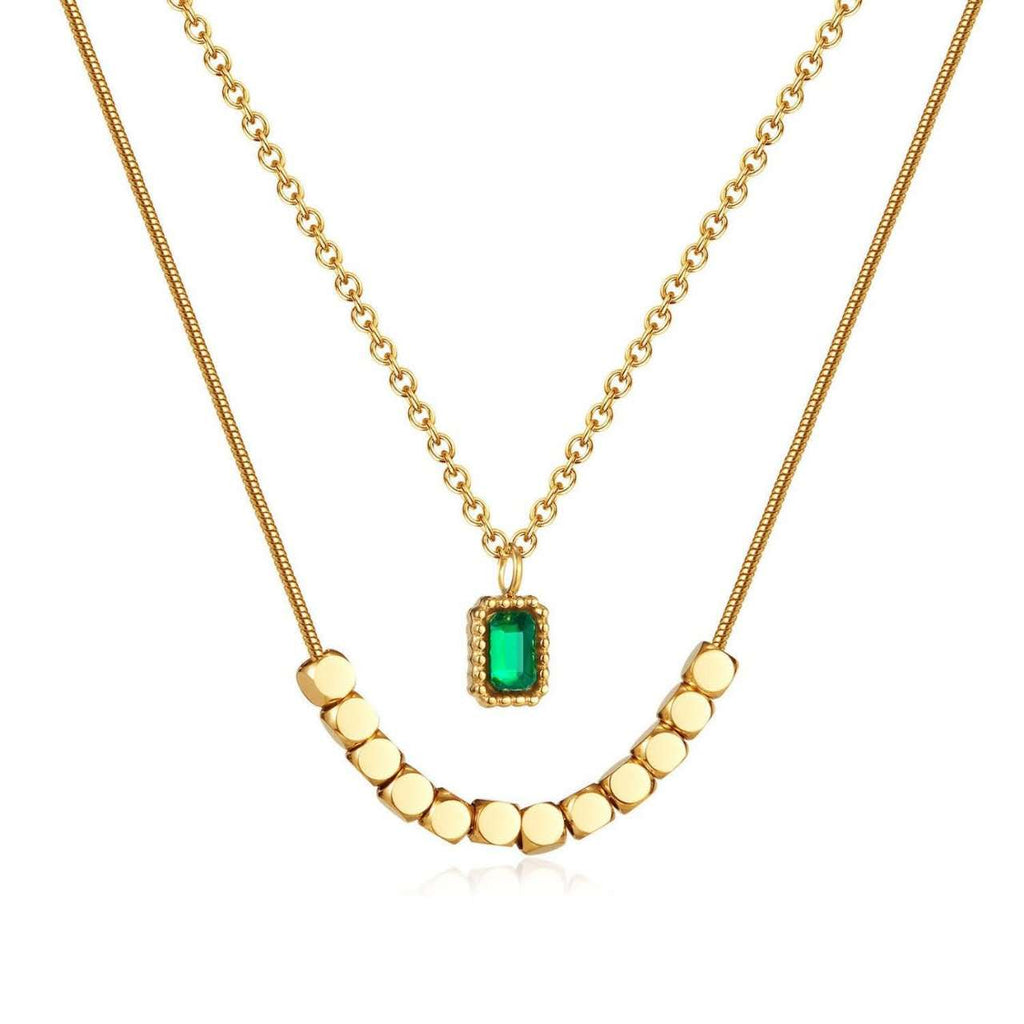 Collar ajustable de doble cadena con colgante cuadrado verde y cuentas cuadradas acero inoxidable oro 18K Waterproof tarnish-free