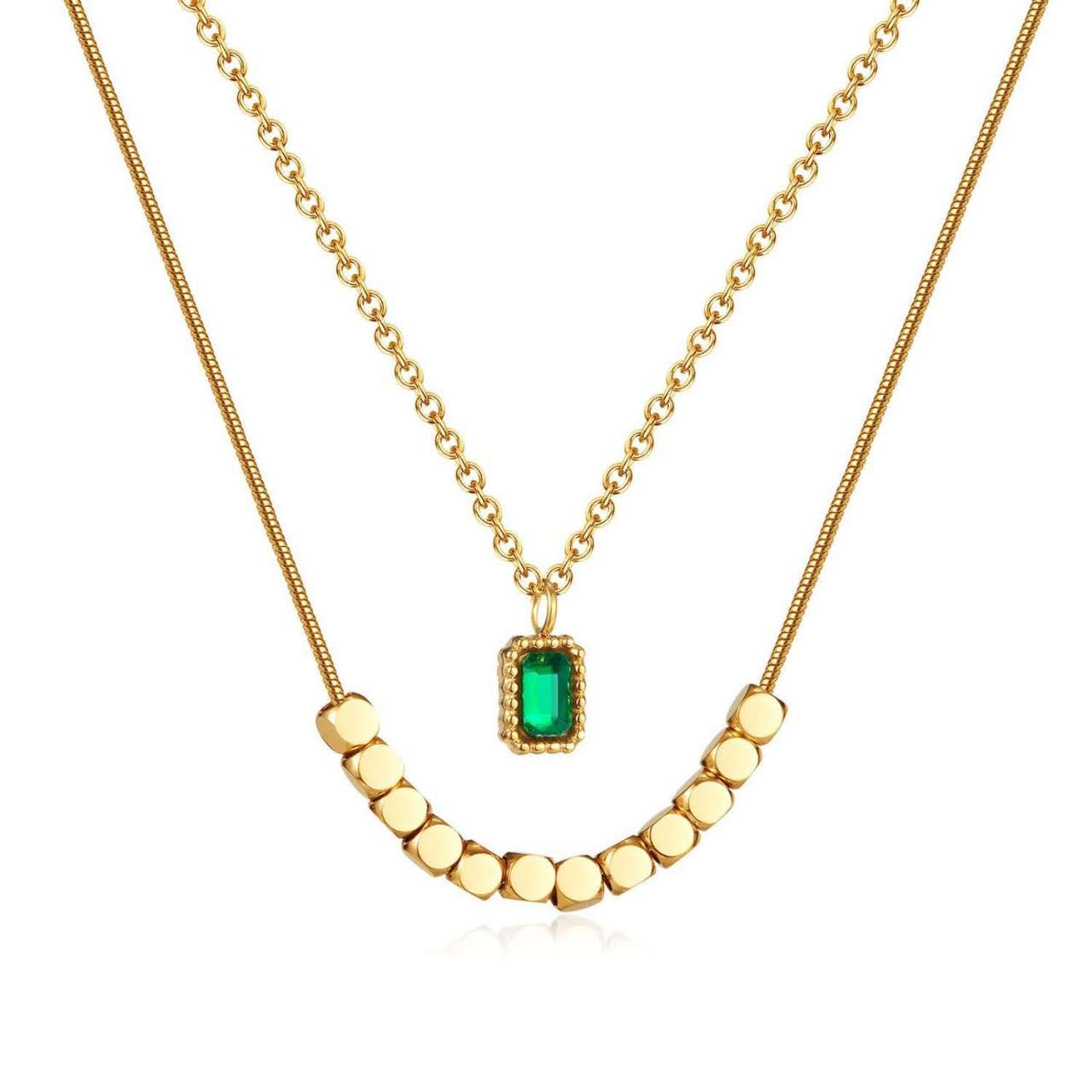 Collar ajustable de doble cadena con colgante cuadrado verde y cuentas cuadradas acero inoxidable oro 18K Waterproof tarnish-free