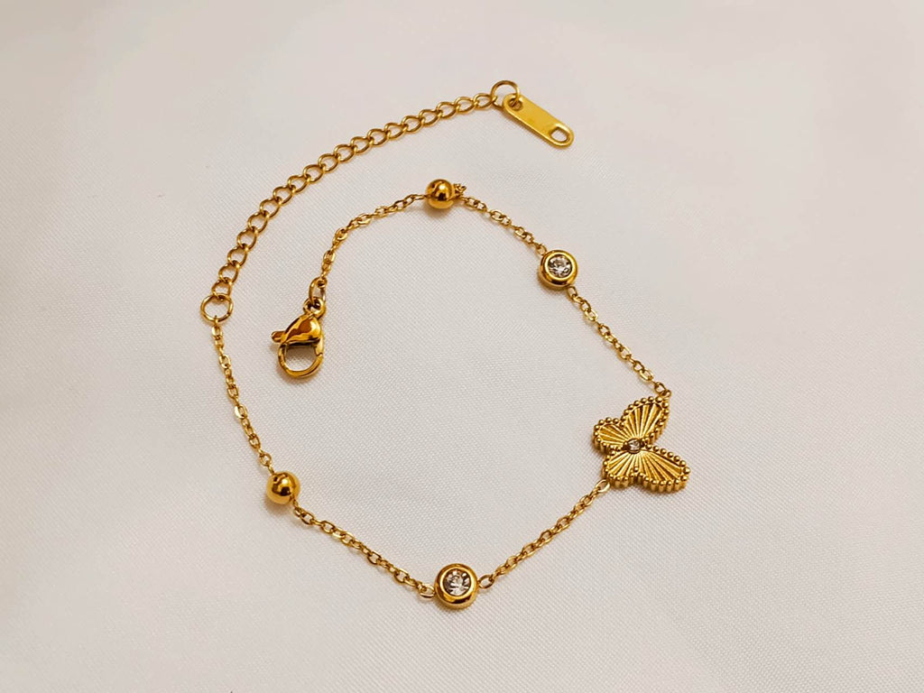 Set de joyas collar con extensor ajustable mariposa circonita bolita y pulsera a juego acero inoxidable oro 18K Waterproof tarnish-free