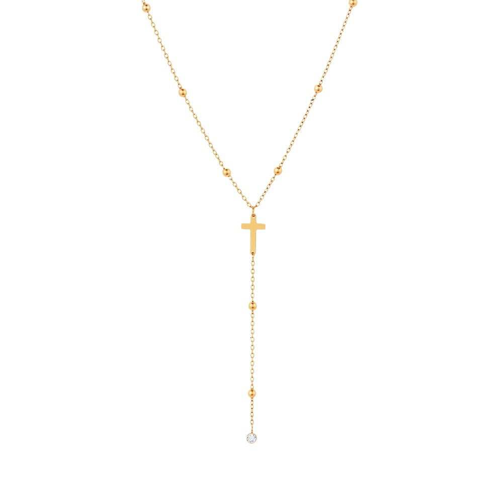 Collar de cuentas bolitas en Y con colgante cruz y circonita de acero inoxidable oro 18K Waterproof