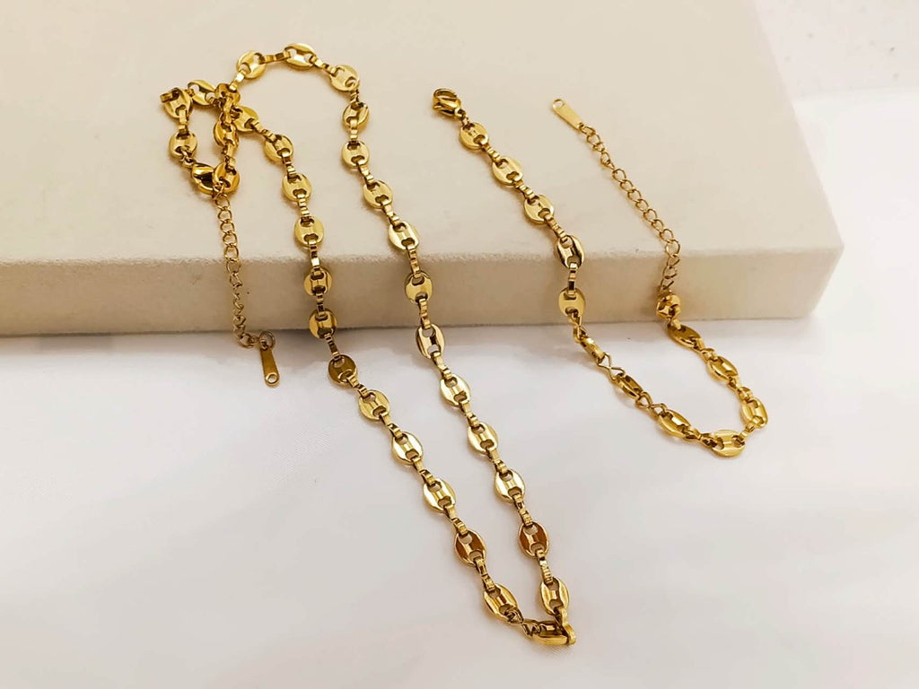 Conjunto de joyas Collar ajustable greuso y pulsera a juego  Acero Inoxidable Oro 18K waterproof tarnish-free