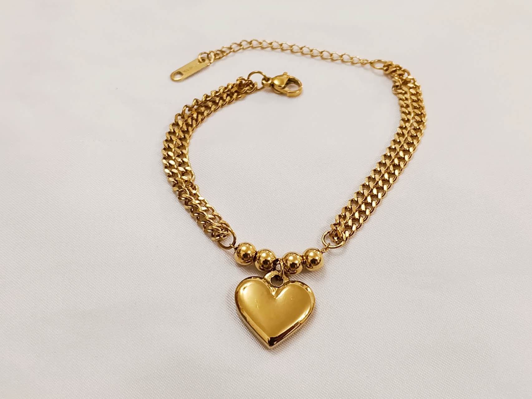 Set de joyas collar ajustable de doble cadena Cubana con colgante corazon grande y pulsera a juego de acero inoxidable oro 18K waterproof tarnish free
