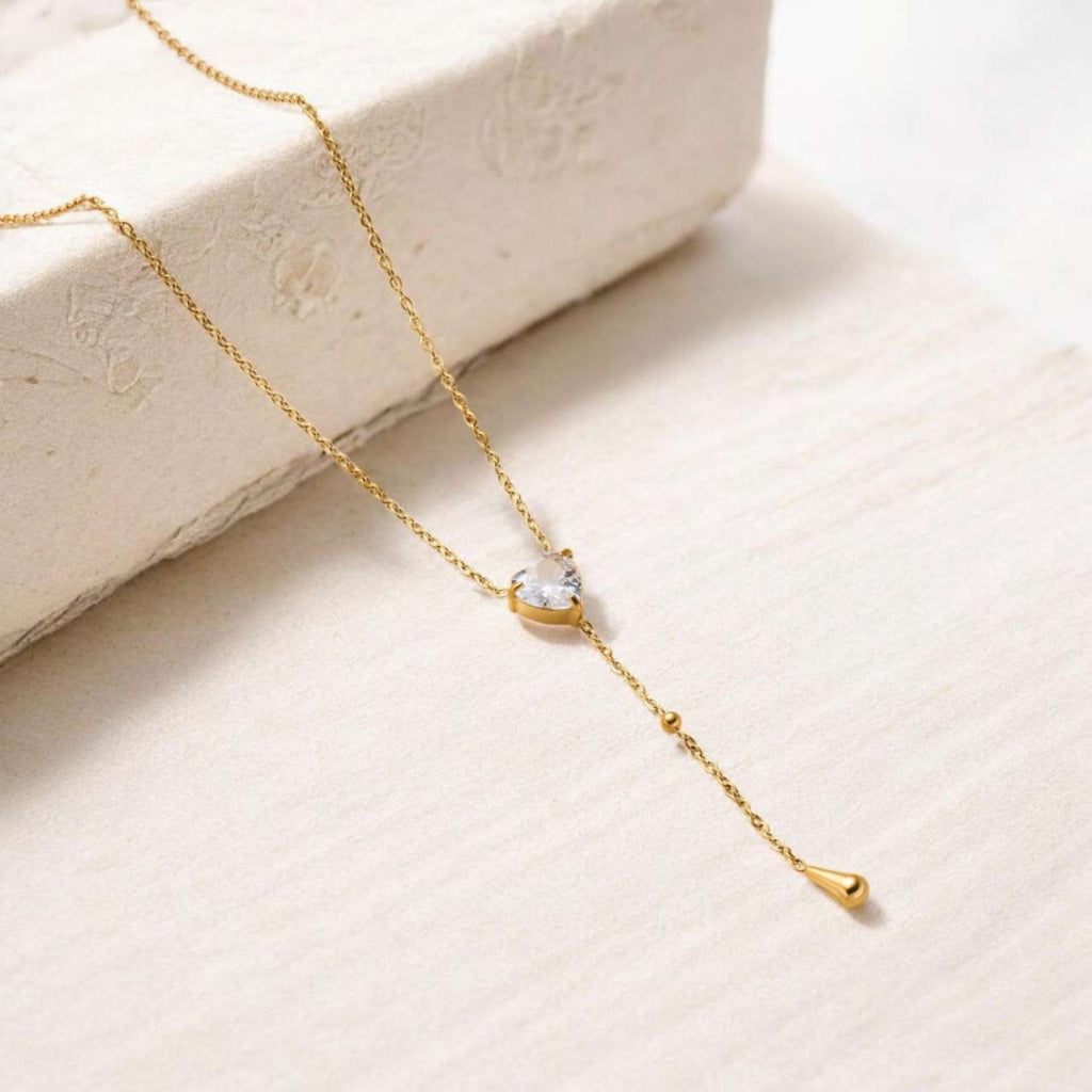 Collar ajustable en Y con colgante corazon circonita y gota de agua de acero inoxidable oro 18K waterproof