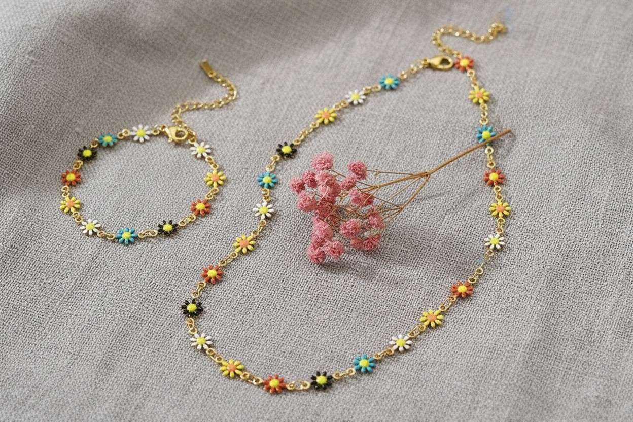 Set de joyas collar ajustable de cuentas flores bohemia y pulsera a juego acero inoxidable oro 18K Waterproof