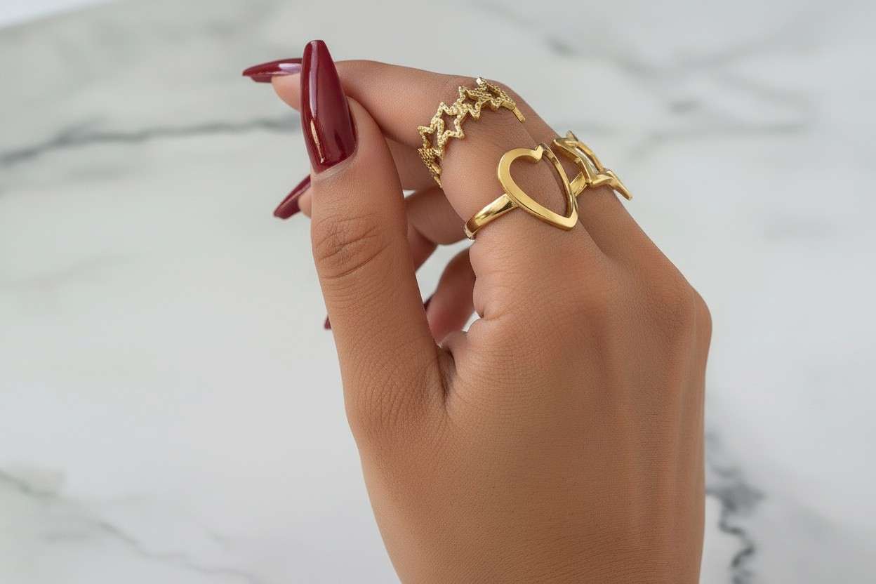 Set de 3 anillos ajustables estrellas y corazon de acero inoxidable oro 18K waterproof tarnish-free