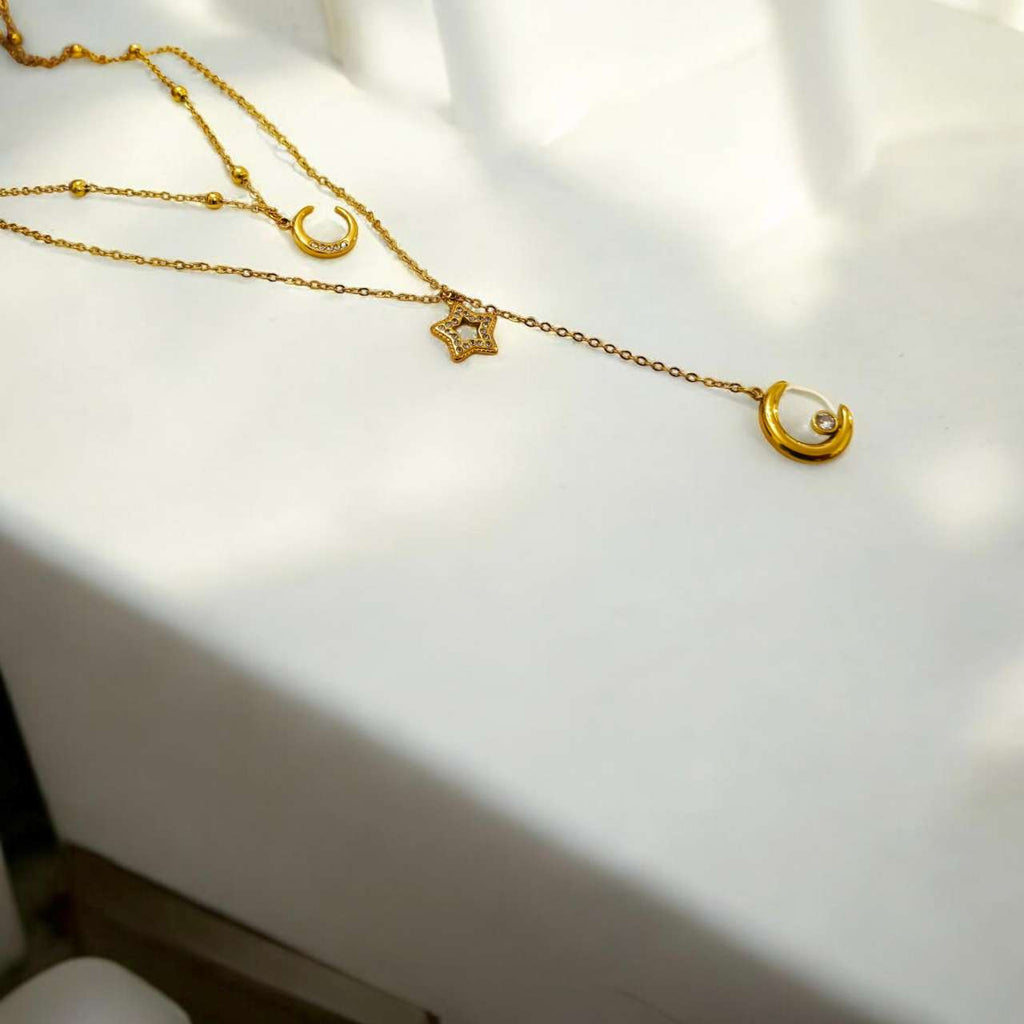 Collar ajustable doble cadena en Y con colgantes luna y estrella circonita de acero inoxidable oro 18K PVD Waterproof