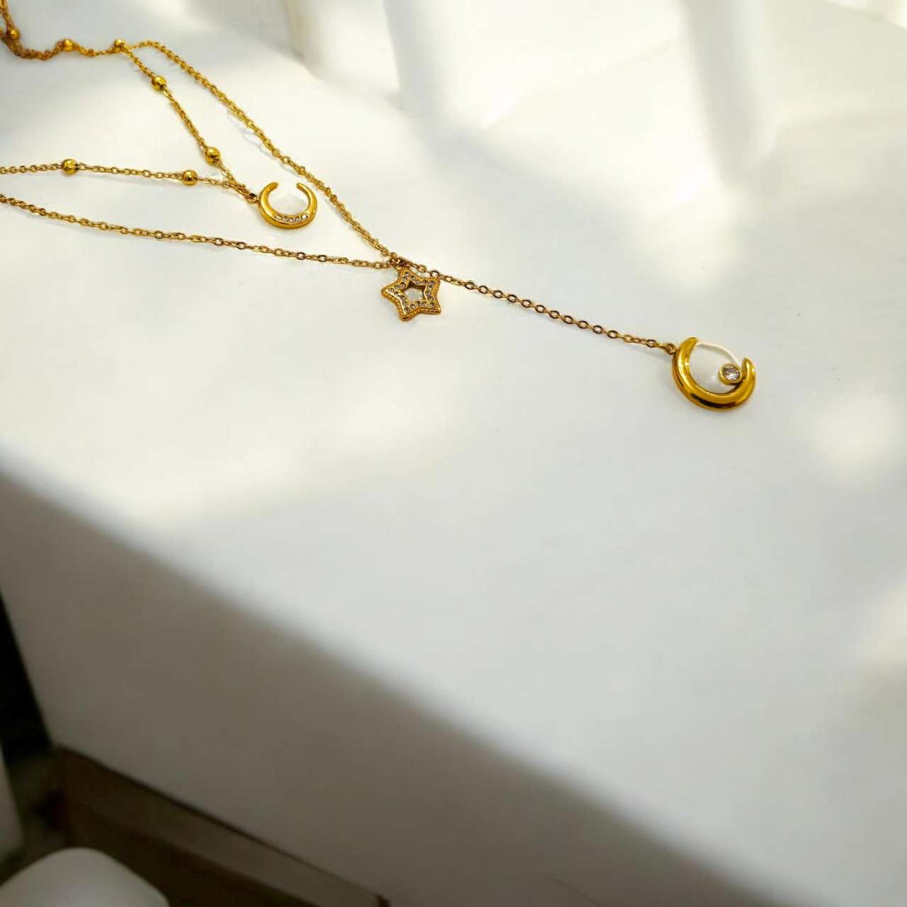 Collar ajustable doble cadena en Y con colgantes luna y estrella circonita de acero inoxidable oro 18K PVD Waterproof