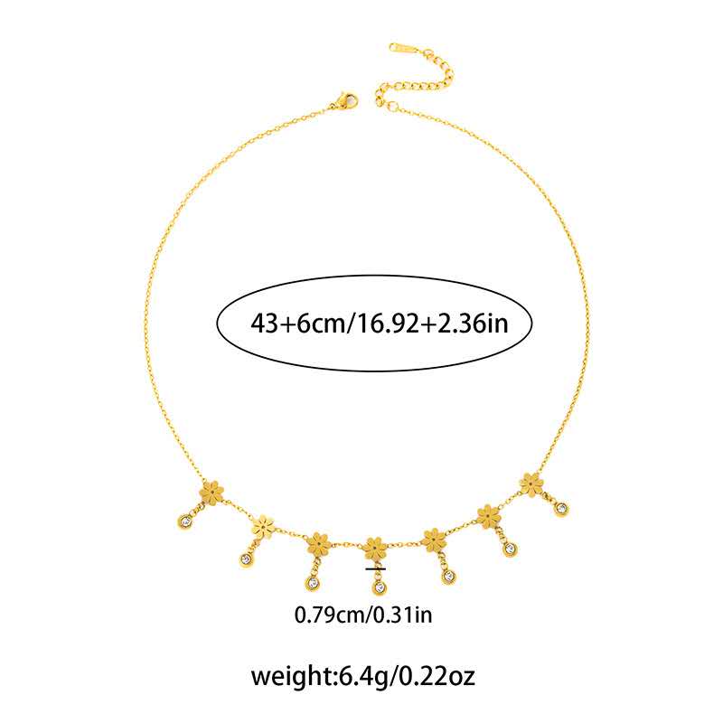 Collar ajustable de cuentas flores y circonitas de acero inoxidable oro 18K waterproof tarnish-free