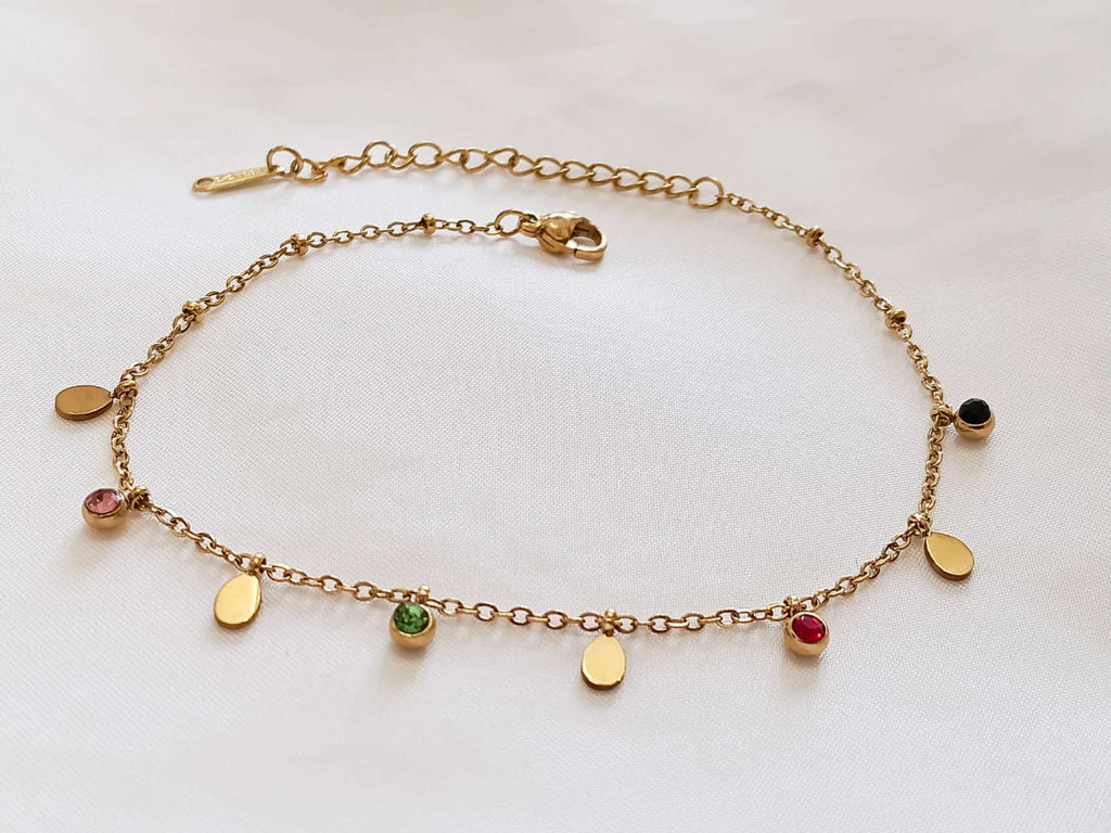 Tobillera anklet con charms de gota de agua y circonitas multicolor de acero inoxidable oro 18K waterproof