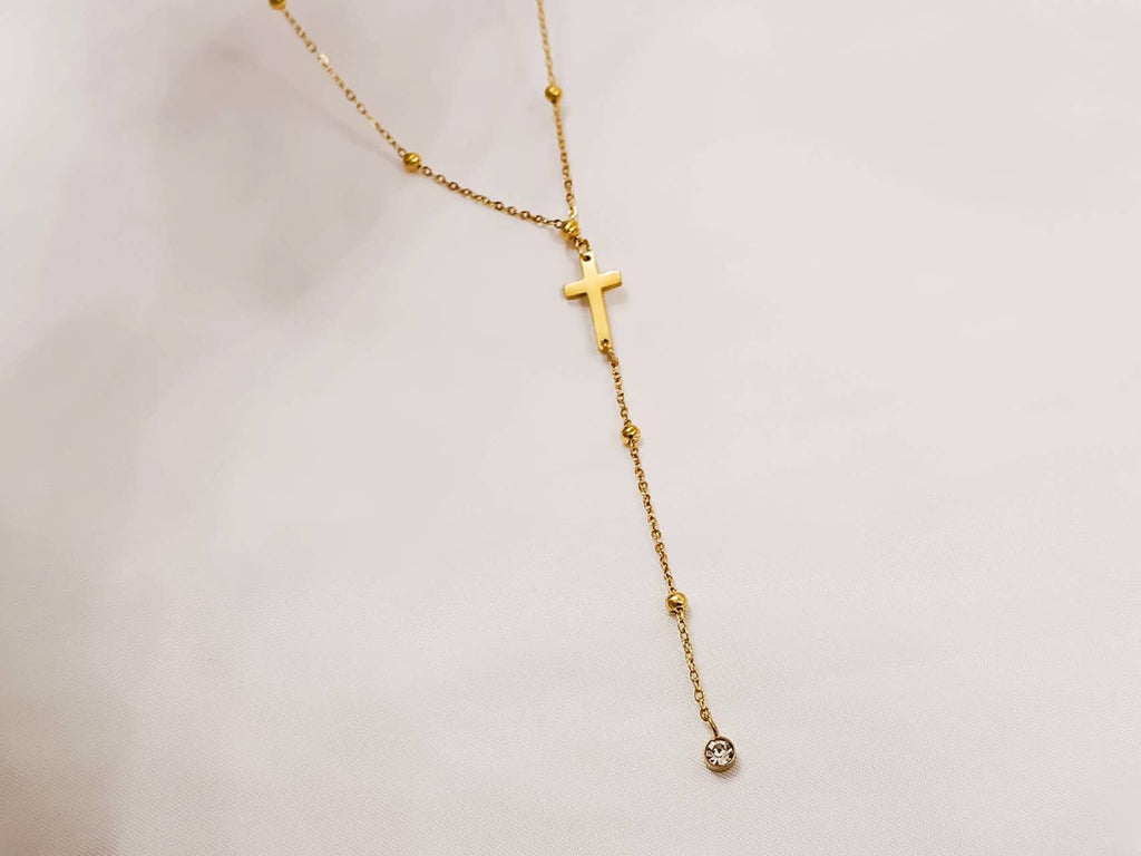 Collar de cuentas bolitas en Y con colgante cruz y circonita de acero inoxidable oro 18K Waterproof