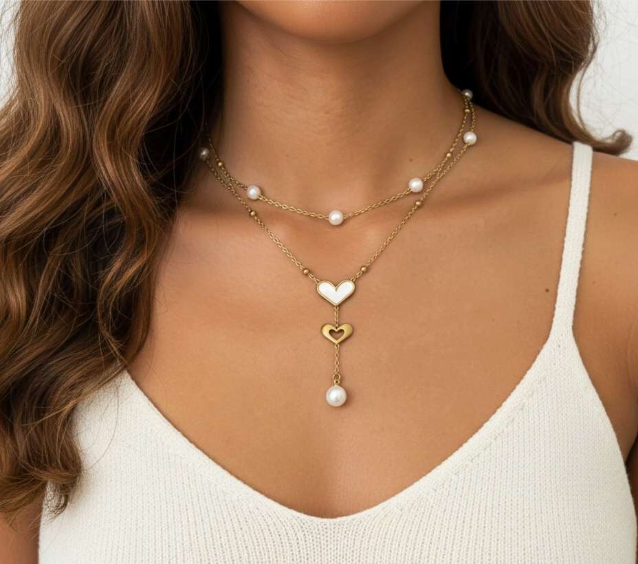 Collar ajustable de doble cadenas con colgantes perlas blancas y corazones de acero inoxidable oro 18K Waterproof tarnish-free