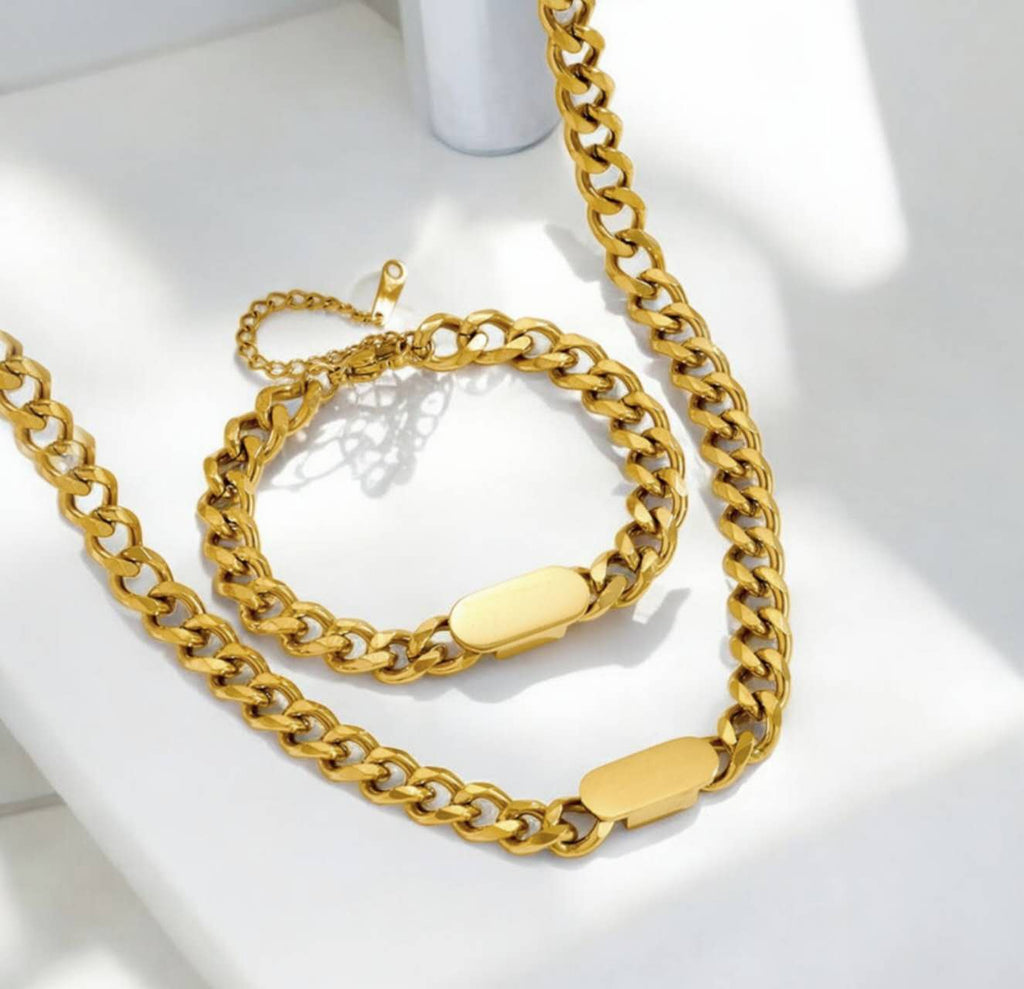 Juego de joyas collar con extensor cadena gruesa chunky y pulsera a juego de acero inoxidable oro 18K PVD waterproof