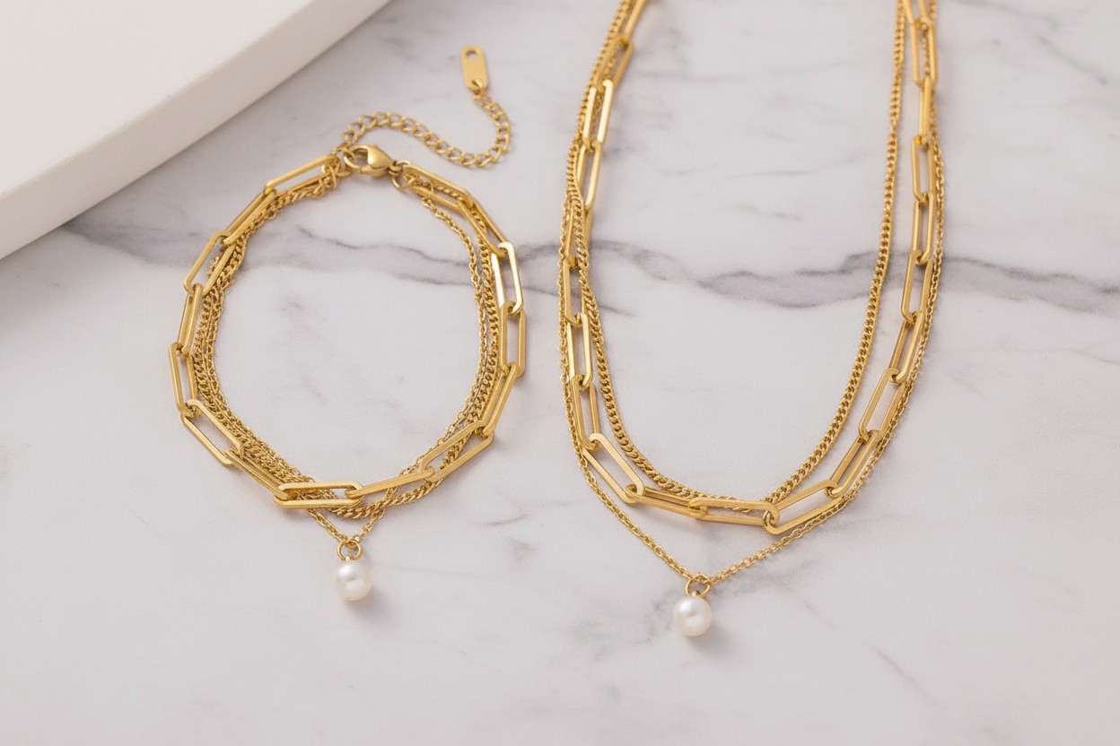 Set de joyas collar de triple cadena con colgante perla y pulsera a juego acero inoxidable oro 18K waterproof tarnish-free