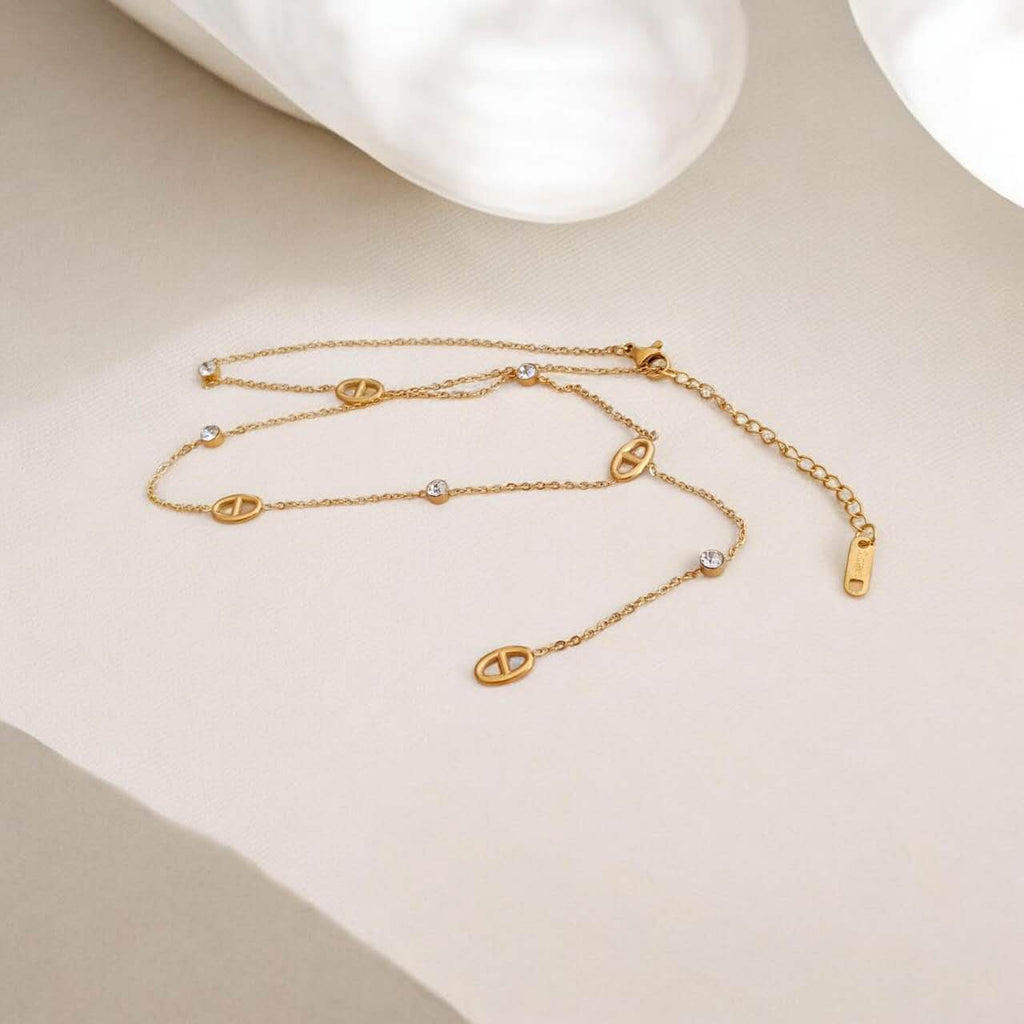 Collar extensor acero con Dijes de estilo marino intercalado y circonita oro 18K PVD Waterproof