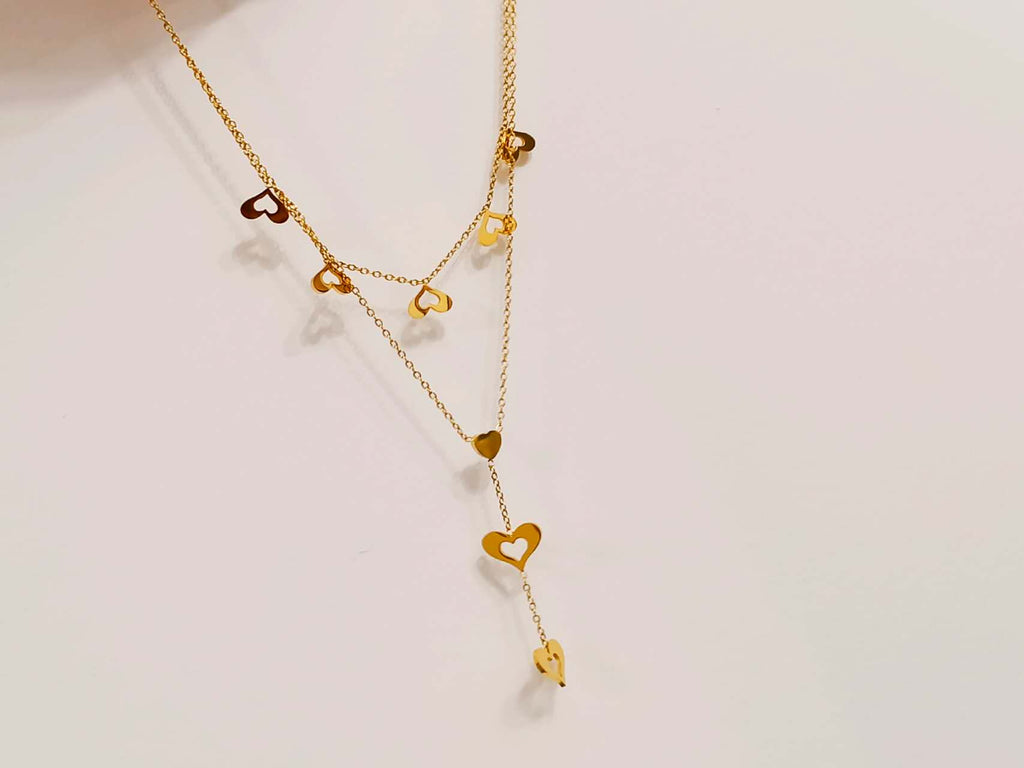 Collar ajustable con doble cadena en Y con colgantes corazones y circonita acero inoxidable oro 18K PVD waterproof