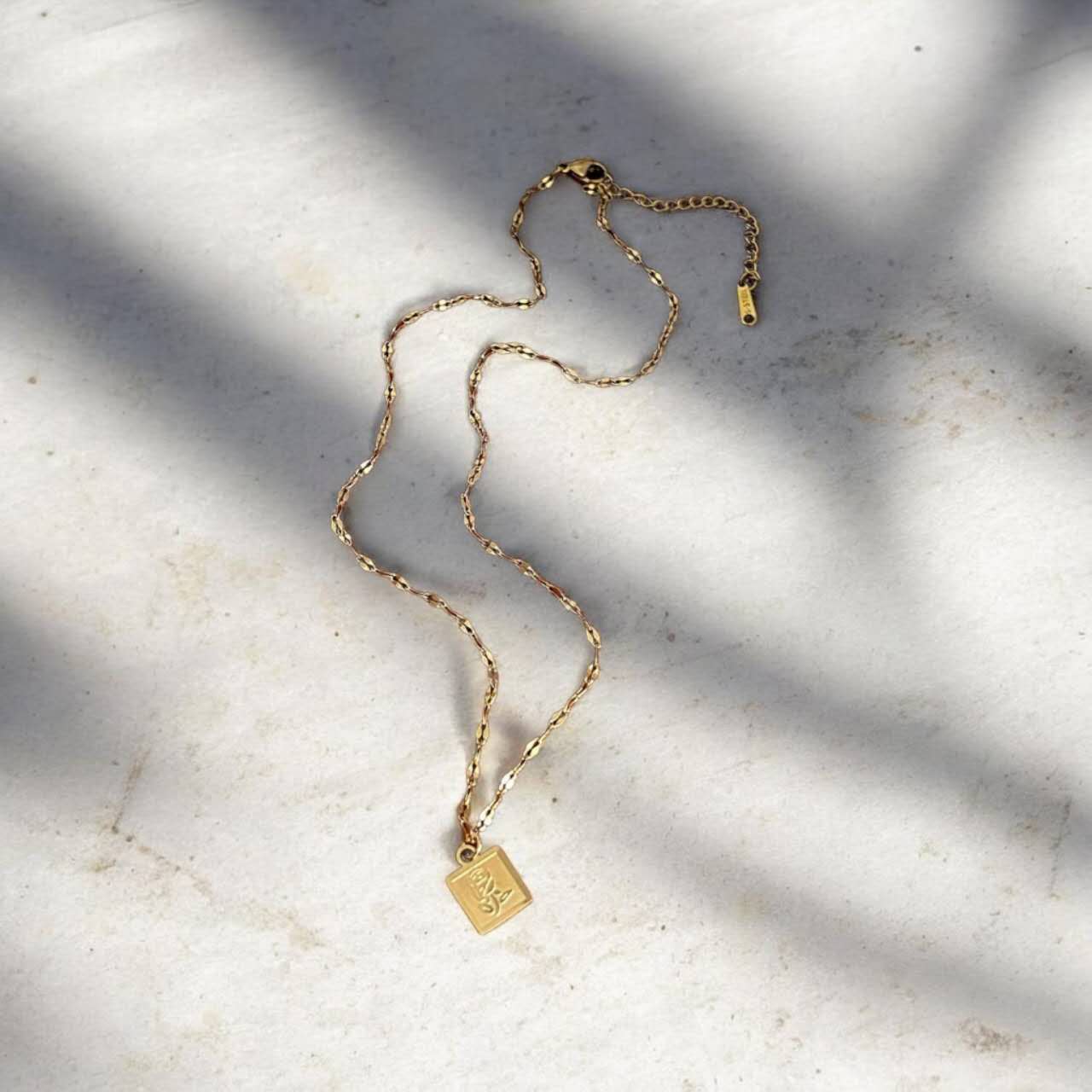 Collar con extensor con colgante medalla con flor rosal grabado de acero inoxidabl eoro 18K PVD Waterproof