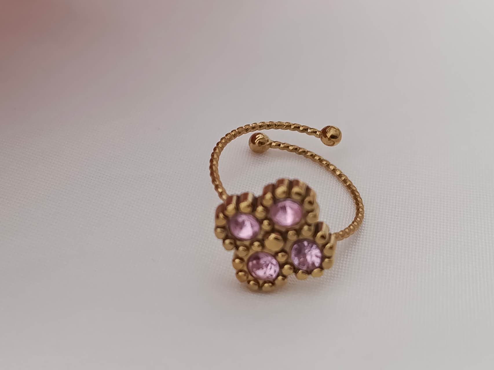 Anillo ajustable abierto con bolas y trebol y flor circonita rosa y verde acero inoxidable oro 18K waterproof tarnish-free