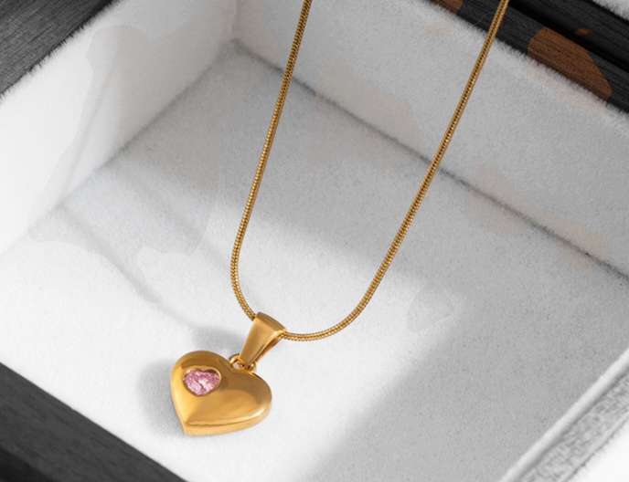 Collar ajustable con extensor cadena serpiente con colgante corazon circonita verde y rosa acero inoxidable oro 18K waterproof tarnish-free